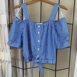 Roommates Blue and White Puff Sleeve Crop Off Shoulder Blouse Top Size M